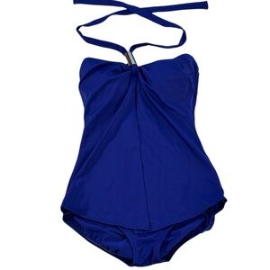 Tara Grinna Blue Halter One Piece Swimsuit 8 Slimming Drape Front USA Cobalt